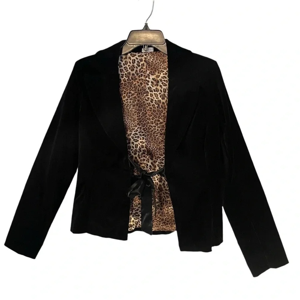 Women’s Aqua Black Velvet Tie-Front Jacket. Size Medium.